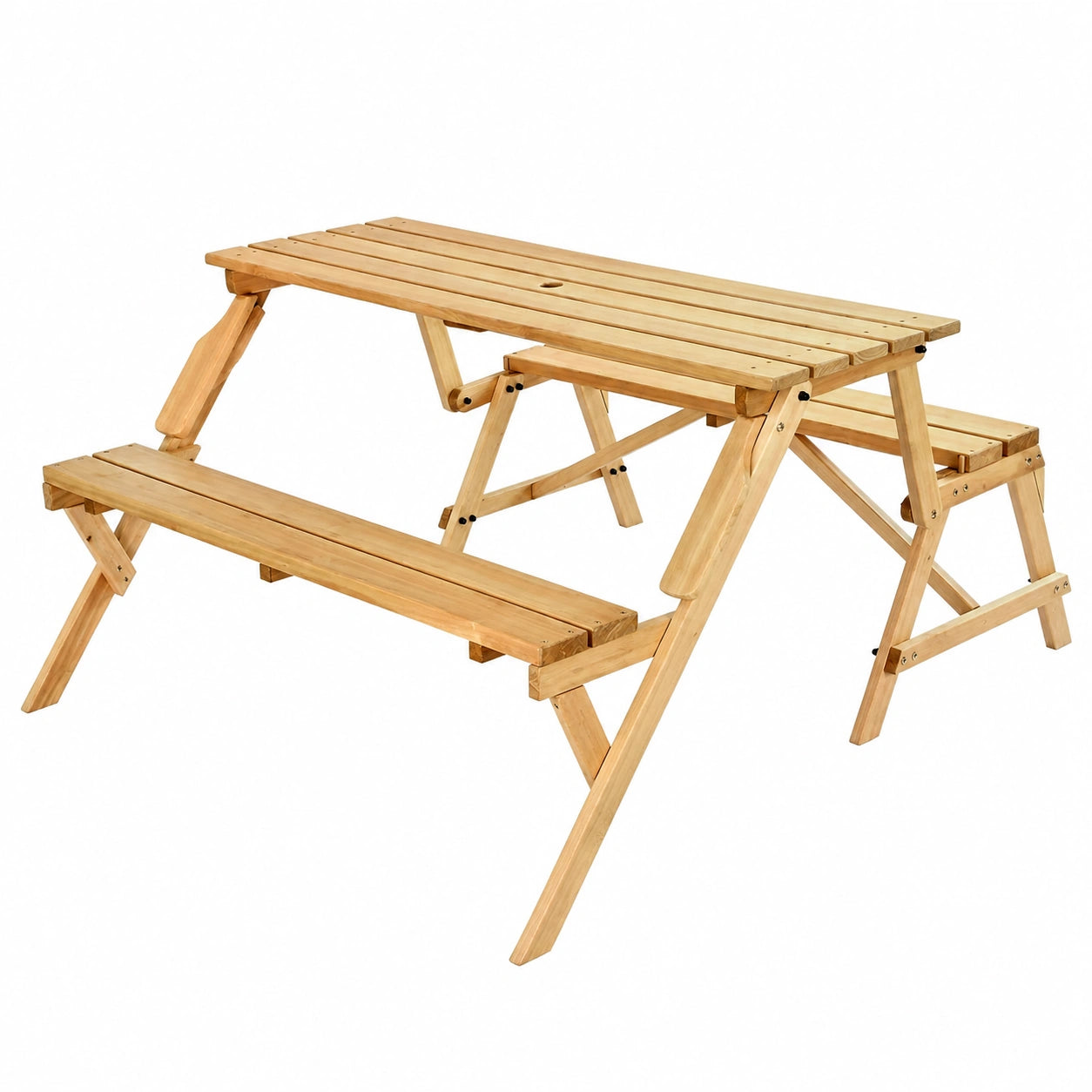 Tavolo da Picnic Trasformabile Intercambiabile, set Tavolo e Panca in Legno per Esterni, Panca Pieghevole Portatile con Foro per Ombrellone, Mobili
