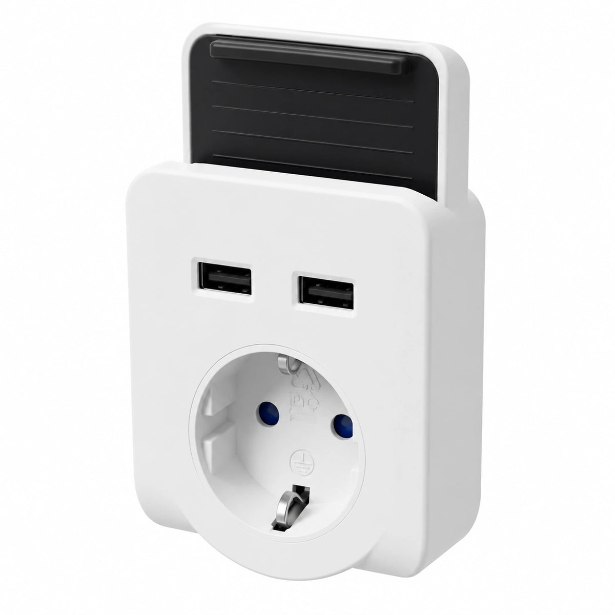 Supporto Smartphone da Parete, Trasforma una presa Schuko in una presa con 2 porte USB e pratico supporto per smartphone.