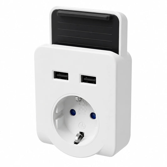 Supporto Smartphone da Parete, Trasforma una presa Schuko in una presa con 2 porte USB e pratico supporto per smartphone.