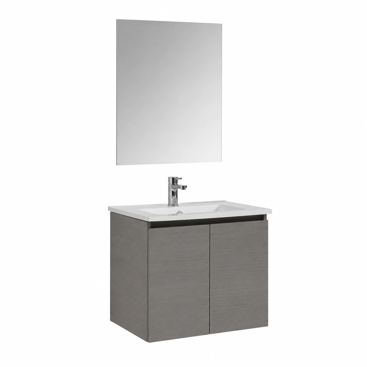 Mobile Bagno Sospeso 60cm Grigio con Lavabo e Specchio, Base 60 × 39 × 50cm, lavabo ceramica, specchio 60 × 70cm, ante grigie