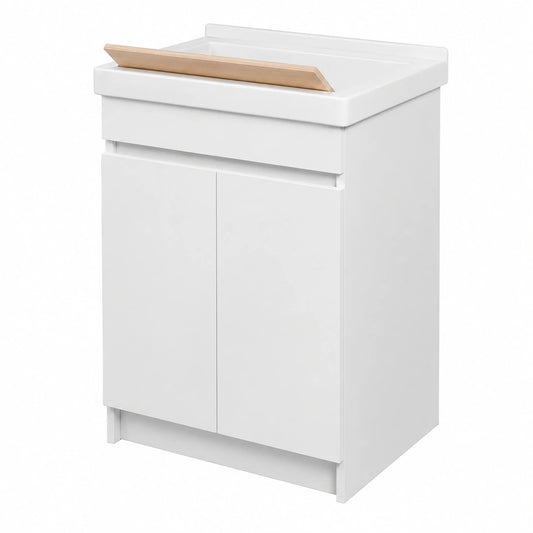 Mobile Lavatoio 61 × 50 cm Con Vasca In Ceramica, Struttura In Legno Nobilitato Bianco Opaco Con Due Ante Apribili A Gola, Già Montato Con Kit
