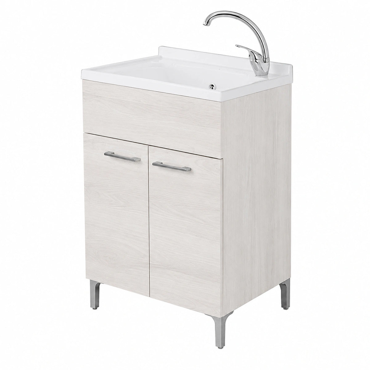 Mobile e vasca in Resina resistente agli acidi, Completo di ASSE di Lavaggio e Kit sifone + piletta (60 × 50 cm 2 Ante, Bianco Venato)