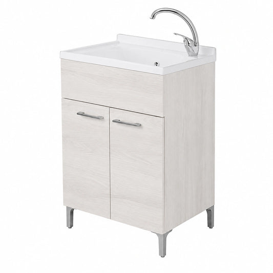 Mobile e vasca in Resina resistente agli acidi, Completo di ASSE di Lavaggio e Kit sifone + piletta (60 × 50 cm 2 Ante, Bianco Venato)