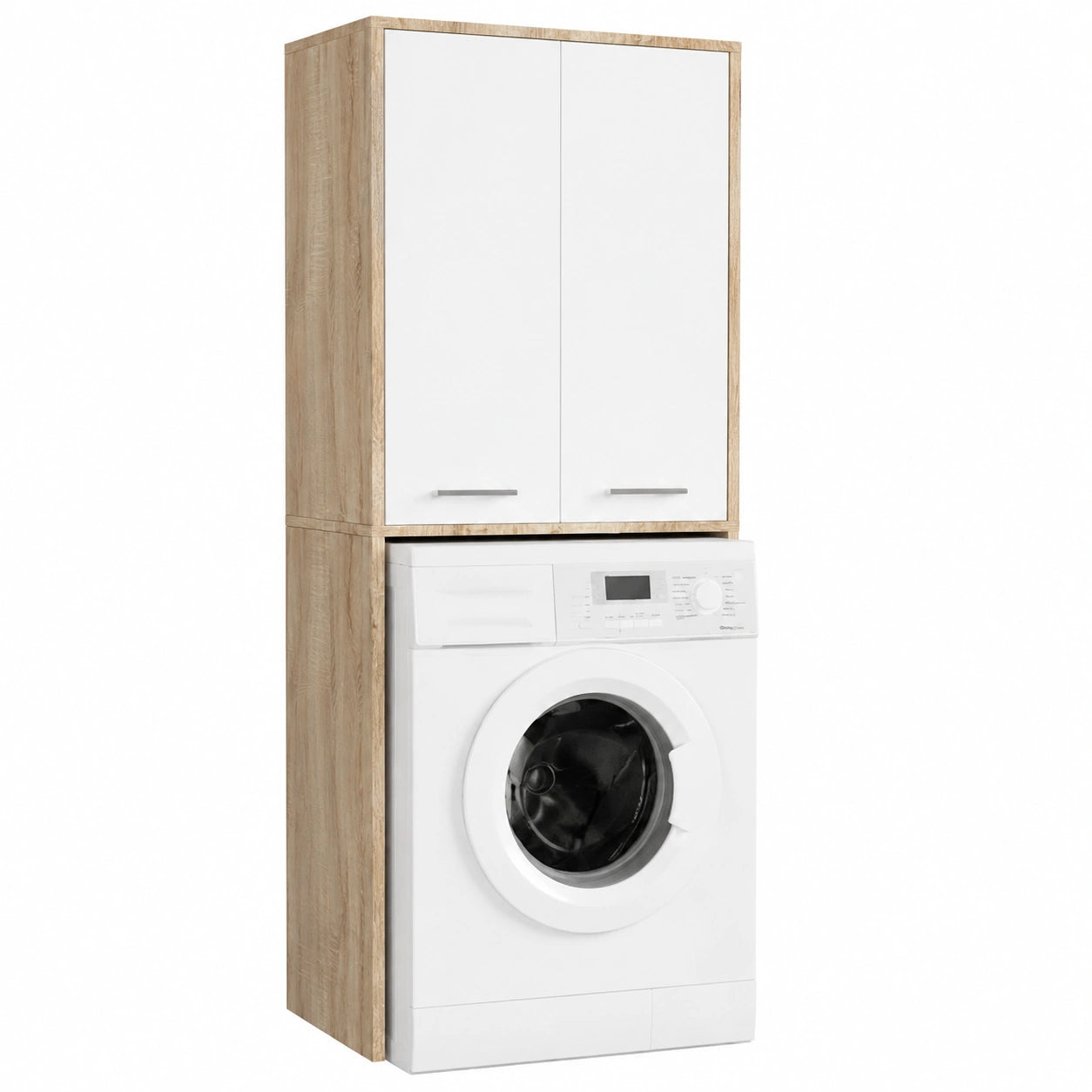 Armadio Pensile per Lavatrice FIN 180, Armadio di trasformazione con 2 Ante, 4 Ripiani, Archivio per bagno, Cassettiera per lavatrice, 64 × 180 × 30