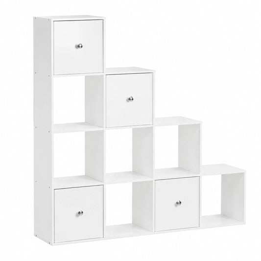 Libreria a 10 Cubi Scaffale in Legno 128 × 29 × 128 cm Bianco, Scaffale Forma L con Scomparti e 4 Cesti Pieghevoli, Struttura Multifunzione Capiente