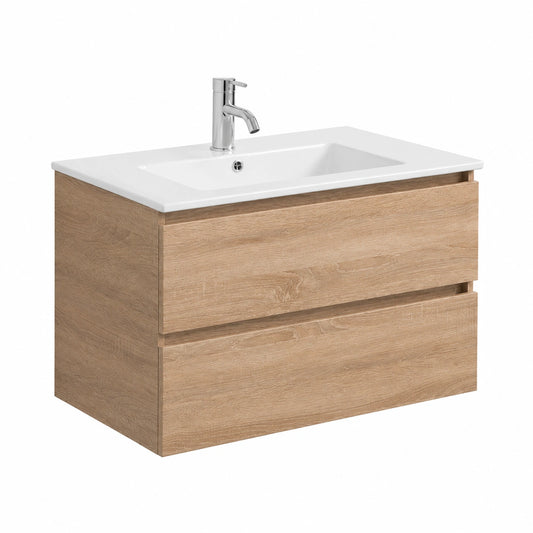 Mobile Bagno Sospeso 80 cm Rovere 2 Cassetti Lavabo, Base in legno nobilitato rovere, lavabo ceramica, specchio 80 × 60 cm, chiusura rallentata