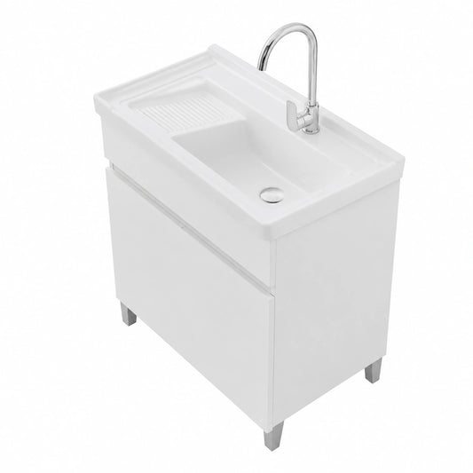 Mobile Lavatoio 79 × 46,8 cm Bianco Frassinato Con Vasca In Ceramica Dotata Di Zona Strofinatoio, Struttura Già Montata In Legno Nobilitato Con 2