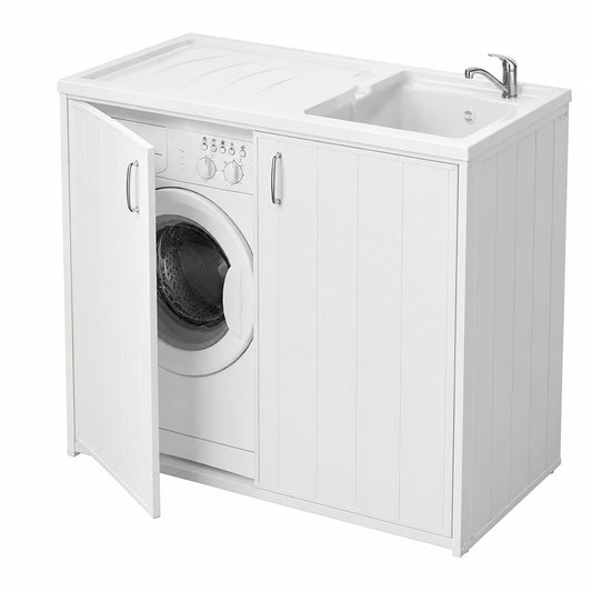 Mobile Coprilavatrice e Lavatoio Reversibile, Resina da Esterno, Bianco